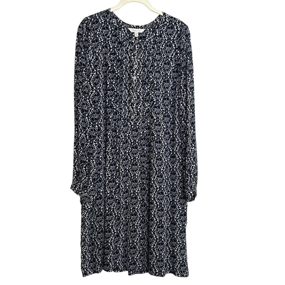 Garnet Hill Dress M Blue White Pintucked Bodice Lined Long Sleeve Viscose